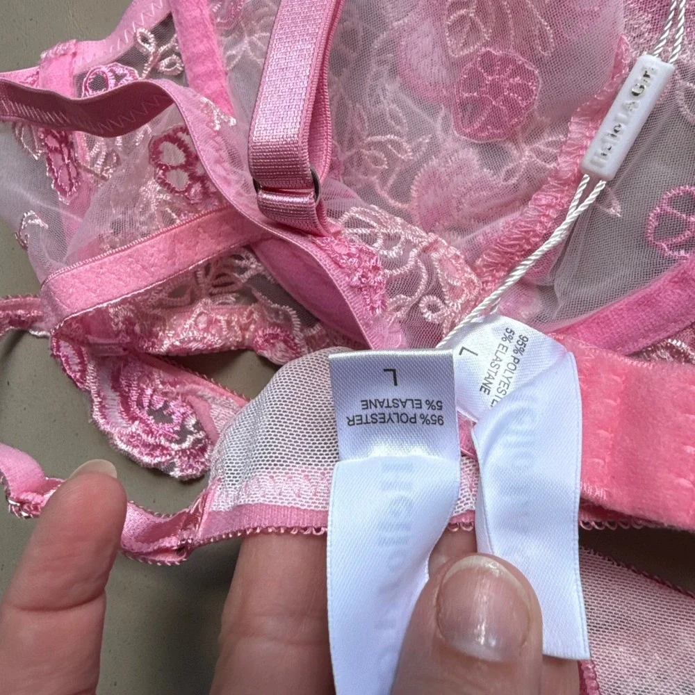 Pink Floral Lingerie Set Lg Romantic coquette sexy Embroidered Bra Thong NEW